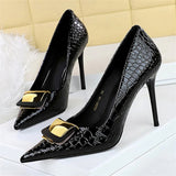 BIGTREE Metal Buckle Serpentine Patent Leather Women Pumps Stilettos High Heels Pointed Toe Party Shoes Zapatos Mujer