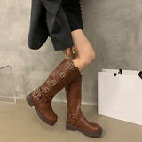 Amozae-Square Toe Women Western Cowgirl Boots Fashion Belt Buckle Knight Long Booties Autumn Winter Female Low Heel Shoes