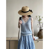 Amozae-Spring Summer Casual Outfits Fake Two-piece Knit Tank Tops For Women, 25 Summer V-neck Shoulder Top