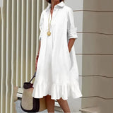 Amozae-Solid White Split-joint Ruffled Dress for Women Cotton Loose Fit Long Sleeve Buttoned Shirt Dress Autumn Casual Outfits