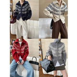 Amozae-Autumn Casual Outfits Amozae-Jacquard Double Collar Knitted Sweater, Zipper, Fel Island, Loose Sweater