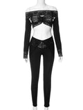 Amozae-Lace Patchwork Sexy Two Piece Sets Women Slash Neck Long Sleeve Hollow Out Crop Top Pencil Pants Sports Suit Night Club Outfit