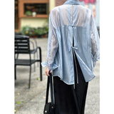 Amozae-Spring Summer Casual Outfits Sky Blue Chinese Button Back Split Lace Sunscreen Shirt Women's Summer Light Thin Silk Top