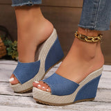 Amozae-Fashion Blue Denim Wedge Sandals for Women Peep Toe Chunky Platform Slippers Woman 2025 Summer Comfort Thick Sole Beach Slides