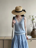 Amozae-Spring Summer Casual Outfits Fake Two-piece Knit Tank Tops For Women, 25 Summer V-neck Shoulder Top