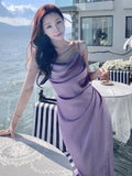 Amozae-Summer Elegant Satin Graduation Party Midi Dress Women France Chic Slim Spaghetti Straps Robe Korean Folds Clothes