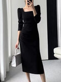 Amozae-Christmas Outfit New Year's Eve Dress party look inspos Party Dresses Women Long Sleeve Streetwear French Style Dress Office Lady Solid Midi Zipper New Autumn Vestidos Female Mujers