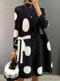 Amozae-Fashion Fall Clothes 2024 Women Jacket Long Sleeves Loose Asymmetric Buttoned Polka-Dot Tied Mock Neck Midi Dresses Outerwear