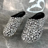 Amozae-Silver Big Diamond Round Toe Flat Slipper Women Bling Cover Mules Black Leather Sole Fashion Crystal Glitter Fashion Casual Shoe