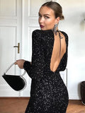 Amozae-new years eve outfits Christmas party outfits Elegant Round Neck Sequin Maxi Dress Slim Fit Backless Long Sleeve Bodycon Rodes New Autumn Winter Women Banquet Party Vestidos