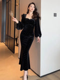 Amozae-Christmas Outfit New Year's Eve Dress party look inspos Women's Black Velvet Mermaid Dress Autumn New Slim Square Collar Lantern Sleeve Party Vestidos Elegant Female Evening Prom Robe