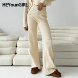 Amozae Winter Knitted Straight Pants Beige Casual Women Basic Slim Trousers High Street Minimalism Lady Knitwear Outfits