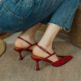 Amozae- New French Sexy Feminine Pumps Retro Pointed Toe Slingbacks Ladies Shoes Buckle Strap Suede Leather Heels Shoes Women Shoes