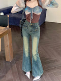 Amozae-American Retro Distressed Women Jeans Y2k Spliced Slim Slim Boot Pants Autumn Hot Girl High Waist Pants