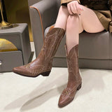 Amozae-Thick Heel Women Embroidery Western Cowboy Boots Fashion Rivet Slip On Long Booties Autumn Winter Female Shoes