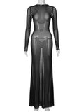 Amozae-2024 Sexy Women's See Through Mesh Long Dress Night Club Outfit Ladies Hollow Out Backless Bandage Maxi Party Dresses Streetwear