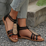 Amozae-Ankle Strap Braided Roman Sandals for Women 2025 Summer Shiny Crystal Flat Sandals Woman Comfortable Soft Non Slip Beach Shoes