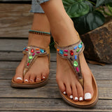 Amozae-Beaded Decor Bohemian Flat Sandals for Women Summer 2025 Elastic Band Clip Toe Rome Sandals Woman Soft Sole Non Slip Beach Shoes