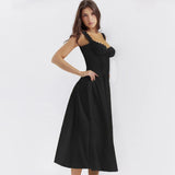 Amozae Summer Elegant Lace Up Black Dress Long A Line Midi Party Dress Casual Double Layer Women Dress 2024 New Arrivals