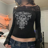 Amozae Grunge Style One Shoulder Black T-shirt Graphic Print Lace Patchwork Vintage Long Sleeve Fitted Crop Top Fall Outfits