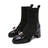 Amozae-Autumn Women Knit Ankle Boots Fashion Metal Decoration Slimming Short Booties Autumn Winter Female Thick Heel Shoes