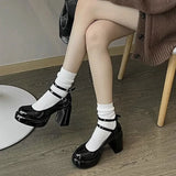 Amozae-2025 High Heels Women's Spring Autumn Pumps Shoes Red Black Retro Thick Soled  Jane  Ankle Buckle 9cm Chunky
