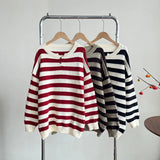 Amozae-Autumn Casual Outfits Amozae-Striped Oversized Button Neck Sweater Fall Winter Casual Women Knit Pullovers