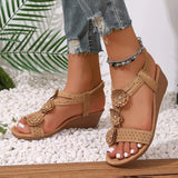 Amozae-Retro Flower Decor Wedge Sandals for Women 2025 Summer Casual Non Slip Beach Shoes Woman Elastic Band Comfort Walking Sandalias