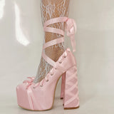 Amozae-2025 New Lolita Pink Sandals Sweet Strappy Platform Thick Heel Large Size 47 Women's Pumps Satin Bow Tie Lace-Up Fashion Sandals