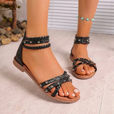 Amozae-Roman Style Rivets Flat Sandals for Women Fashion Braided Ankle Strap Gladiator Sandals Woman Summer Comfy Non Slip Beach Shoes
