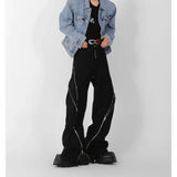 Amozae-American trendy brand men black zipper design slit slightly flared pants vertical feeling straight casual pants retro trousers