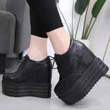 Amozae-13CM Women's Ankle BootsSpring Autumn Round Leather Shoes Woman Platform Height Increased Sneakers Thick Sole Wedges black boots