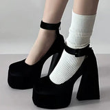 Amozae-Waterproof platform high heels women's round head thick heel new ladies shoes black flocking office high heels
