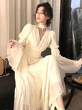 Amozae-Christmas Outfit New Year's Eve Dress party look inspos French Pleated Long Sleeve Dresses for Women 2024 Elegant V Neck Flare Sleeve Ruffles Midi Vestiods Mujer Autumn Vintage Clothes