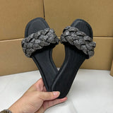 AMOZAE-- Flat Heel Slides with Shiny Rhinestones