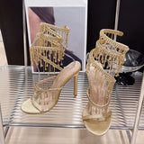 Amozae Elegant Women Wedding Banquet Shoes Fashion Crystal Tassel Twining Stiletto Sandals Sexy Open Toe Stripper Heels Golden