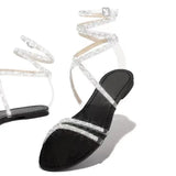 AMOZAE- - Shiny Rhinestone Gladiator Sandals Flat Heel, Lace Up