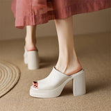Amozae-Women Genuine Leather Shoes Peep Toe Platform Chunky High Heel Slides Ladies Fashion Casual Slippers Summer Spring Brown