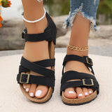 Amozae-Fashion Buckle Strap Flat Sandals for Women Summer 2025 Casual Outdoor Beach Shoes Woman Lightweight Non Slip Black Cork Sandals