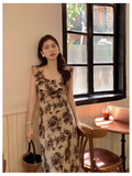 Amozae-dress to impress party dress nye outfits New retro round neck ruffle print dress   YM1180