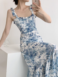 Amozae-dress to impress party dress nye outfits Blue and white porcelain floral square neck suspender dress YM466