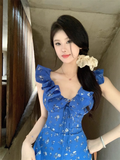 Amozae-dress to impress party dress nye outfits Blue Floral V Neak A Line Party Dress YM1834