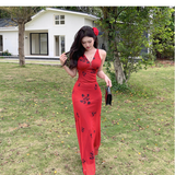 Amozae-dress to impress party dress nye outfits French printed red V-neck suspender dress for women in summer YM1066