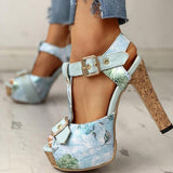 Amozae Flower Print Peep Toe Platform Chunky Heels