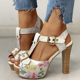 Amozae Flower Print Peep Toe Platform Chunky Heels