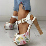 Amozae Flower Print Peep Toe Platform Chunky Heels