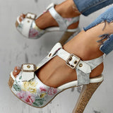 Amozae Flower Print Peep Toe Platform Chunky Heels