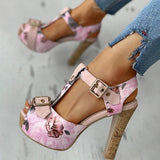 Amozae Flower Print Peep Toe Platform Chunky Heels