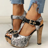 Amozae Flower Print Peep Toe Platform Chunky Heels