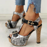 Amozae Flower Print Peep Toe Platform Chunky Heels